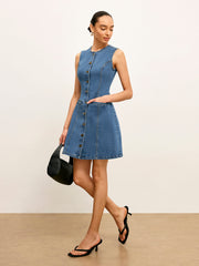 Button Detail Pockets Denim Dress