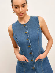Button Detail Pockets Denim Dress