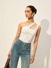 Semi-Sheer One-Shoulder Asymmetrical Cut-Out Embroidery Tank Top