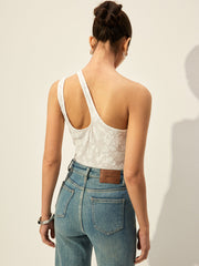 Semi-Sheer One-Shoulder Asymmetrical Cut-Out Embroidery Tank Top