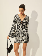 Printed Tie-Front Bell Sleeve Dress