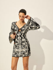 Printed Tie-Front Bell Sleeve Dress