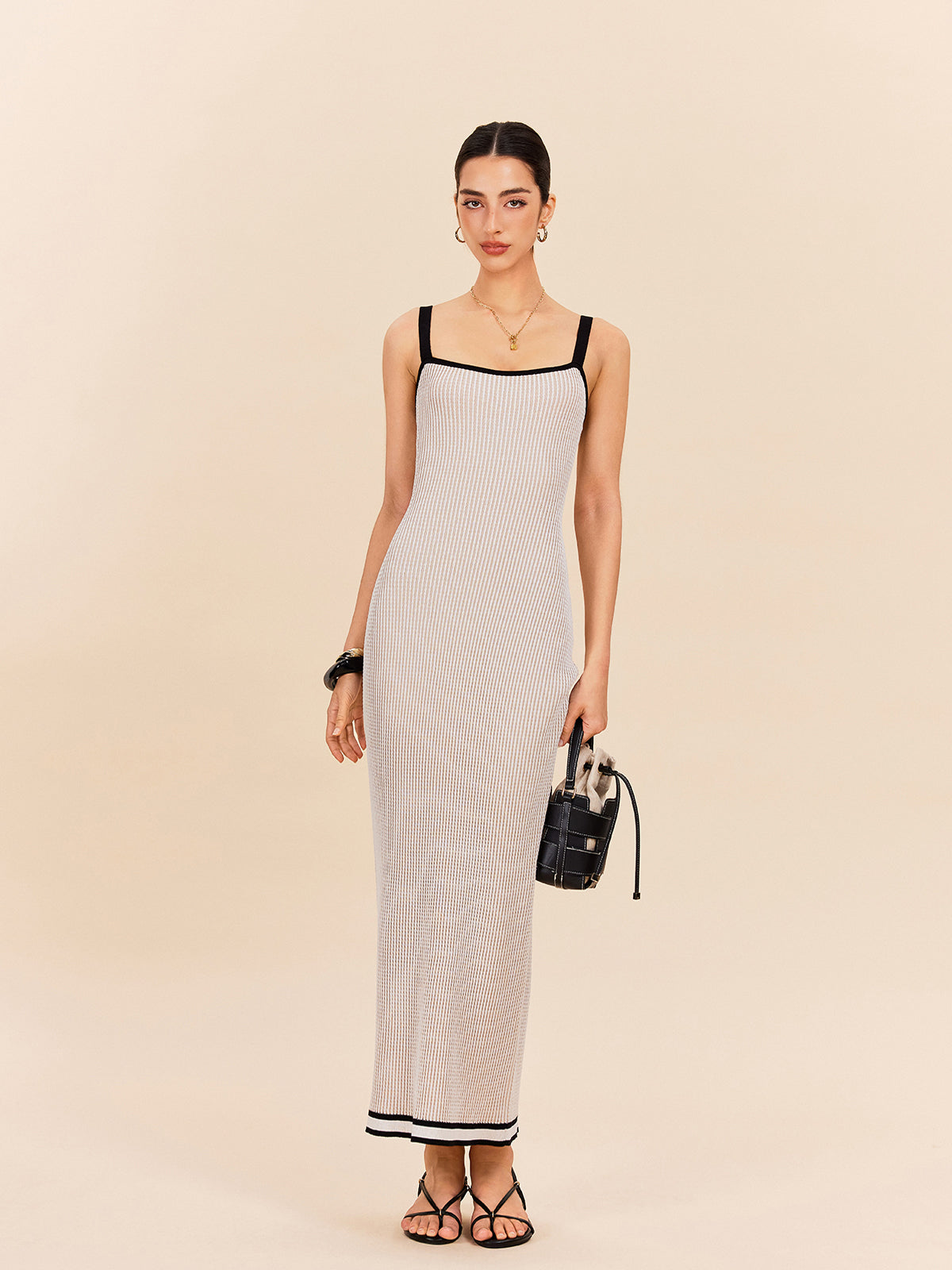 Striped Contrast Trim Spaghetti Strap Sweater Dress