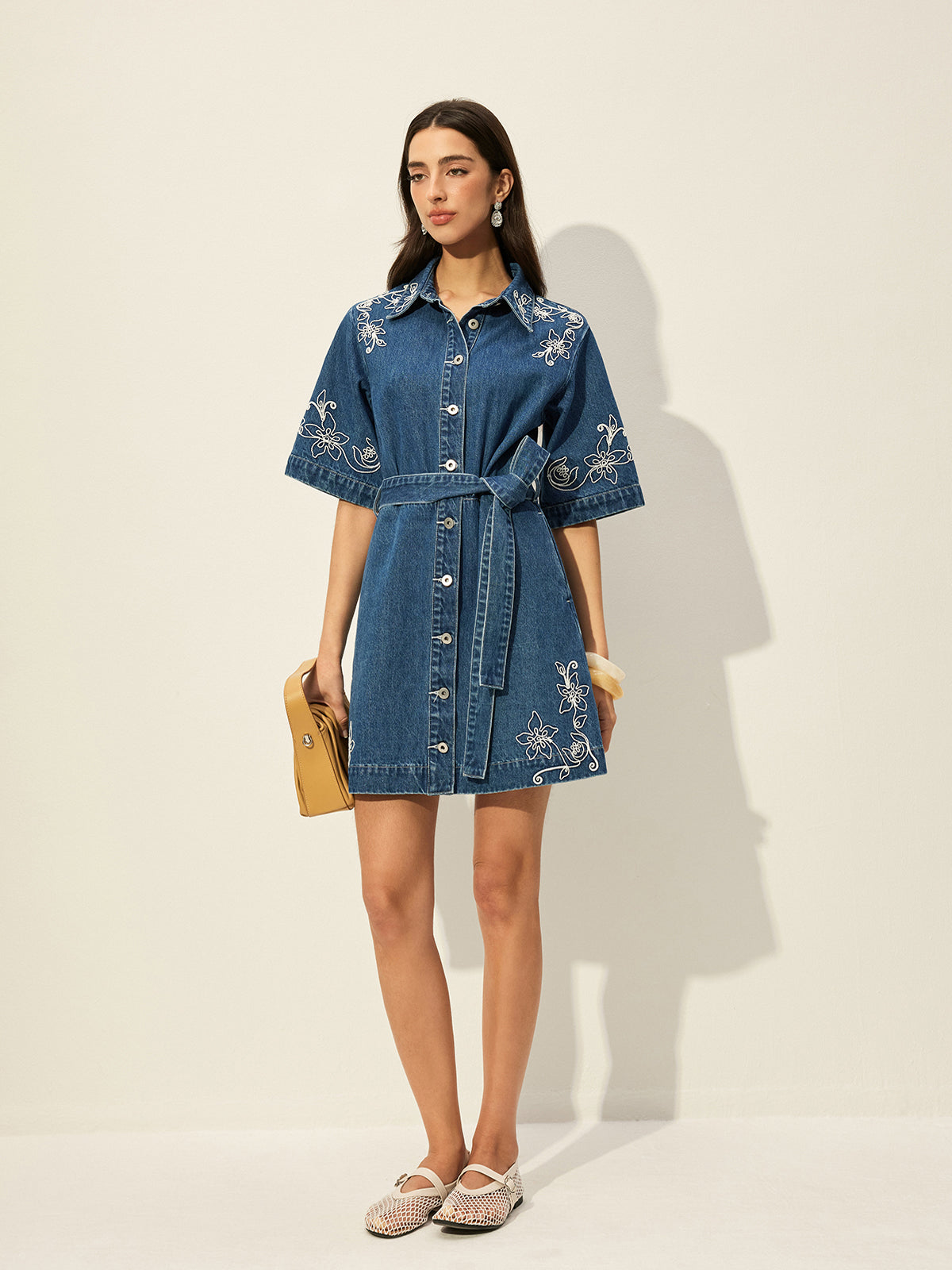 Embroidered Denim Shirt Dress With Belt