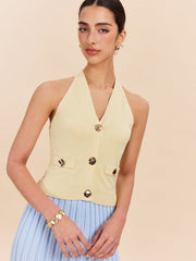 Halter Neck Ribbed Knit Vest With Decor Pockets
