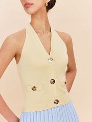 Halter Neck Ribbed Knit Vest With Decor Pockets