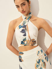 Floral Print Halter Top With Skirt Set