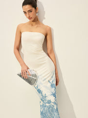 Strapless Mesh Dress With Floral Print Hem