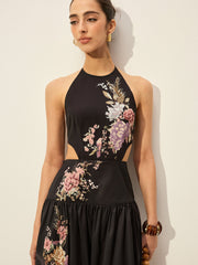 Floral Print Halter Neck Dress With Cut-Out Detail