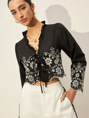 Embroidered Tie-Front Top