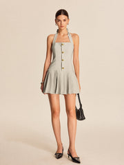 Metal Tie-Neck Zipper Pleated Short Dress