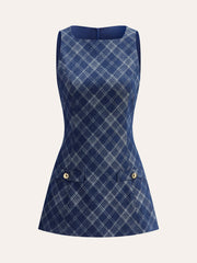 Metal Button Crew-Neck Decor-Pockets Denim Dress