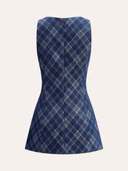 Metal Button Crew-Neck Decor-Pockets Denim Dress