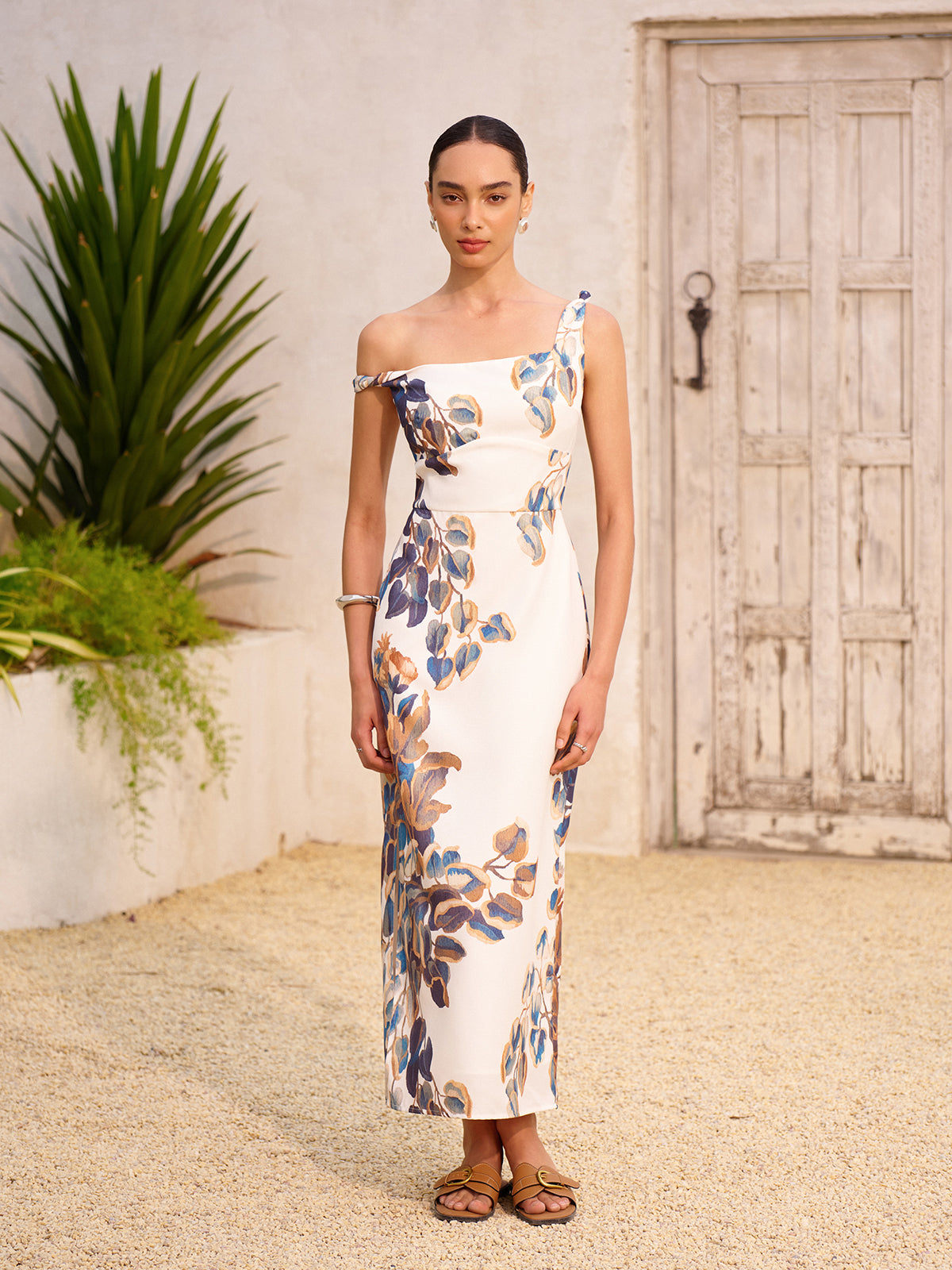 Boho Print Asymmetrical Neck Zipper Split Dress