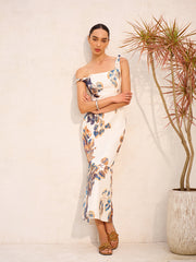 Boho Print Asymmetrical Neck Zipper Split Dress