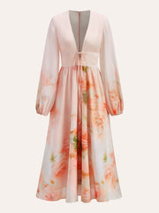 Semi-Sheer Balloon Sleeve Floral Dress With Tie Detail
