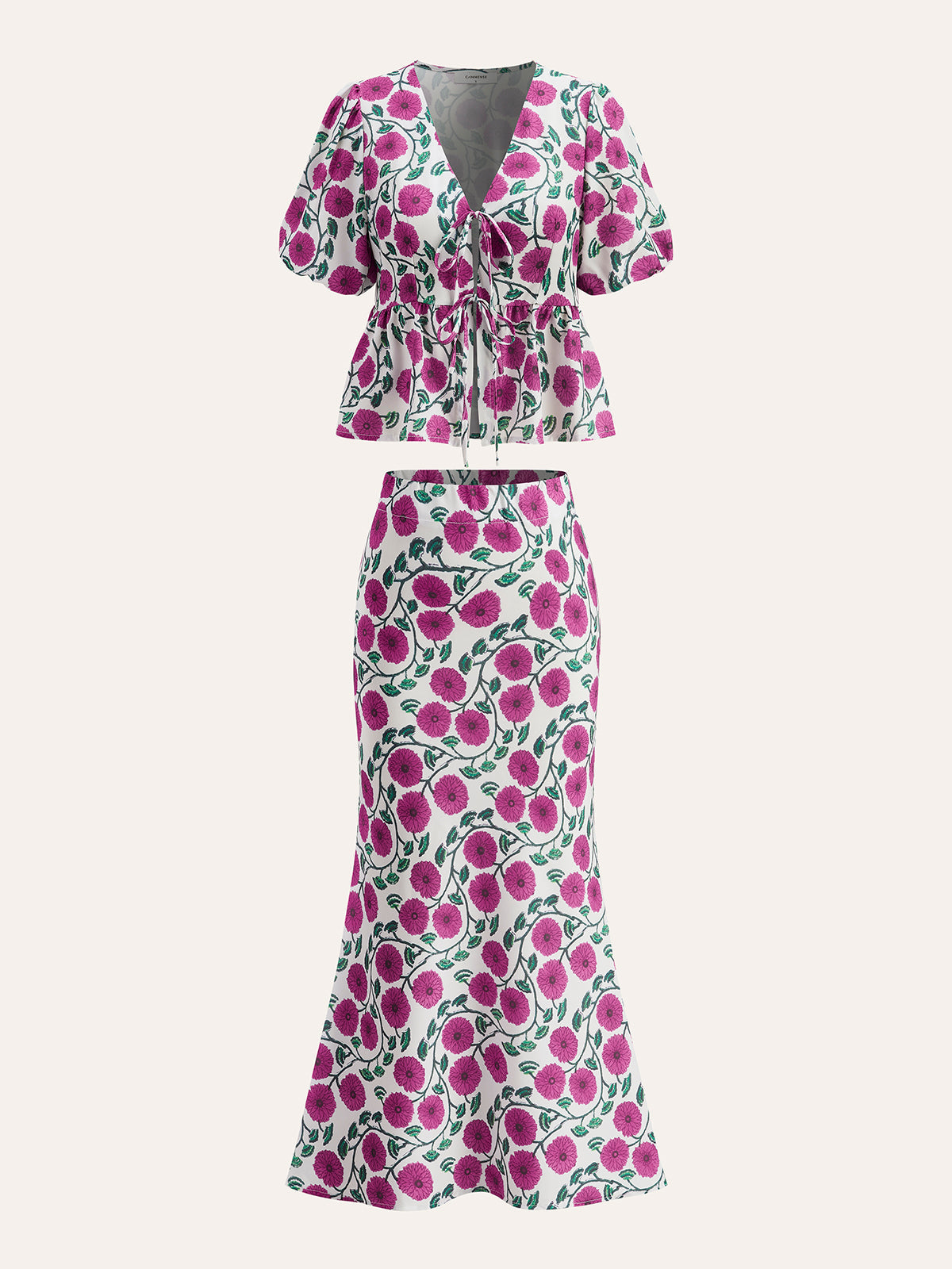 Boho V-Neck Drawstring Puff Sleeve Skirt Set