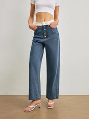 Mid-Waist Contrast Trim Denim Jeans