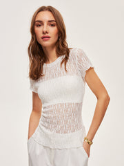 Semi-Sheer Lace Panel T-Shirt
