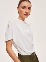 Asymmetric Draped Button-Shoulder Top