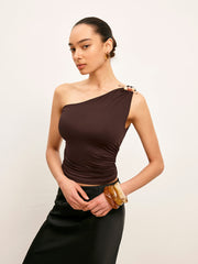 One-Shoulder Metal Detail Ruched Top