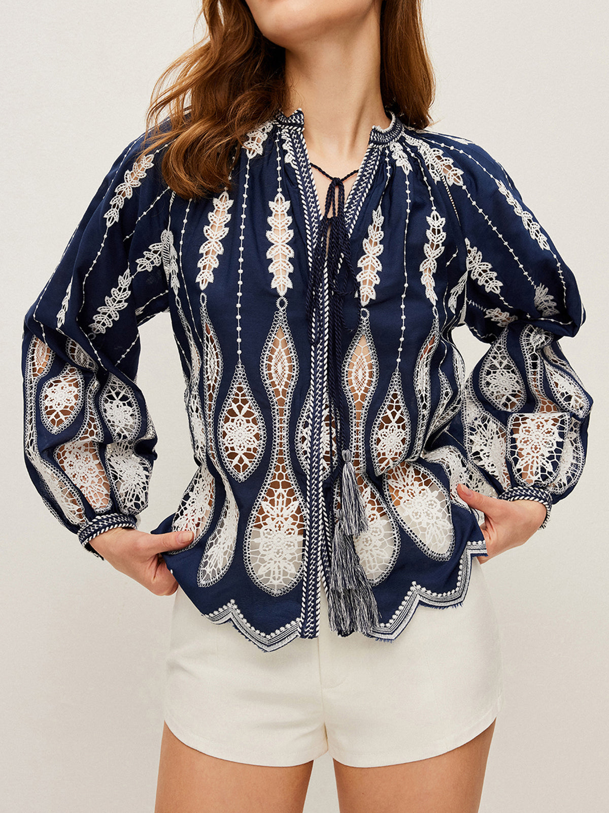 Semi-Sheer Embroidered Tie-Neck Blouse