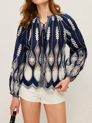 Semi-Sheer Embroidered Tie-Neck Blouse
