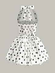 Polka Dot Bow Halter Zipper Dress