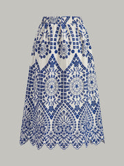 Cotton Embroidery Scalloped Hem Elastic Waistband Skirt