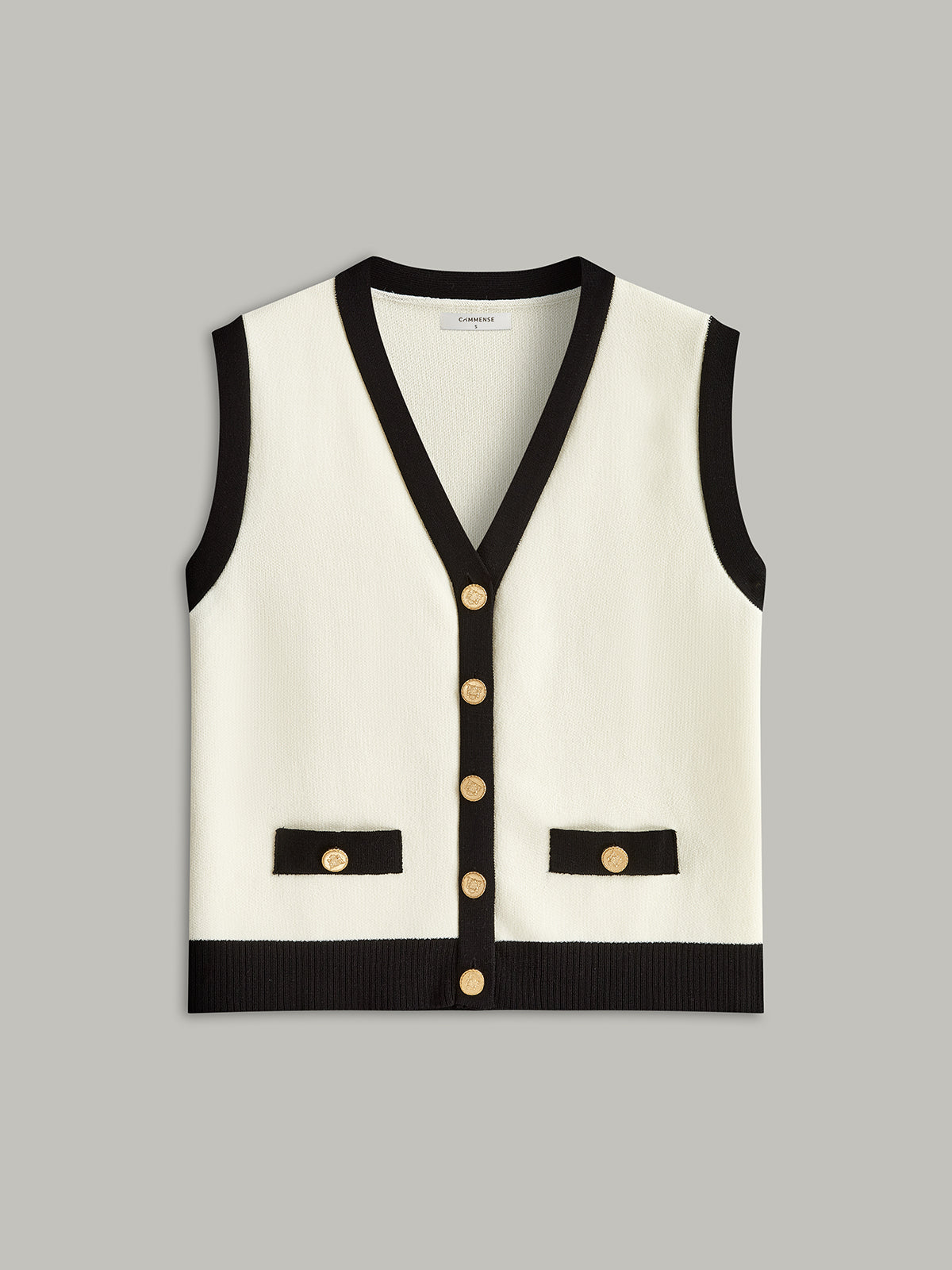 Contrast Trim Metal Button Decor Pocket Sweater Vest