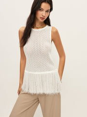 Semi-Sheer Knit Vest With Fringe Hem