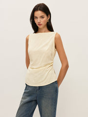 Cotton Solid Boat Neck Ruched Waist Sleeveless Blouse