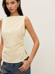 Cotton Solid Boat Neck Ruched Waist Sleeveless Blouse