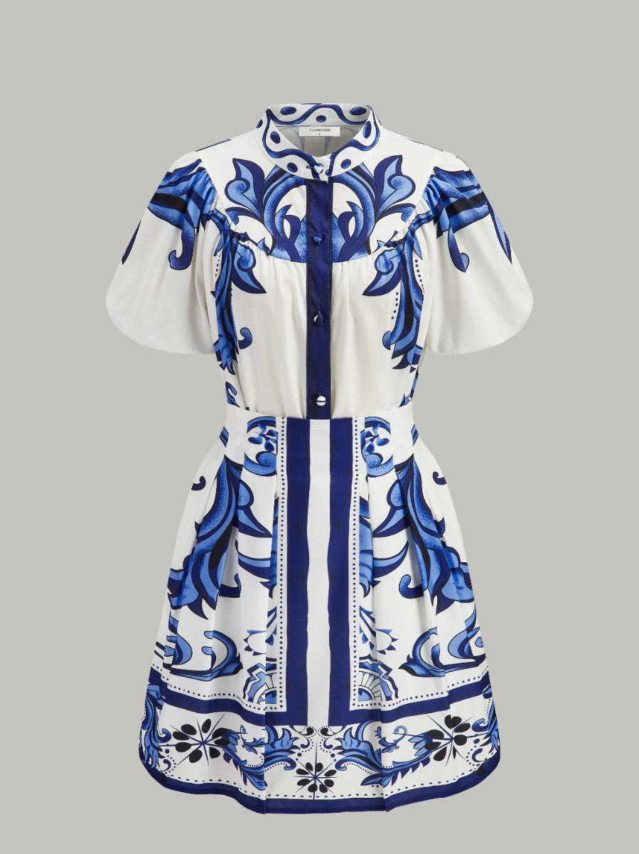 Floral Print Puff Sleeve Skirt Set With Pockets