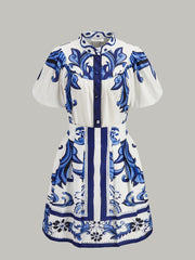 Floral Print Puff Sleeve Skirt Set With Pockets