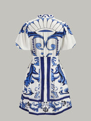 Floral Print Puff Sleeve Skirt Set With Pockets