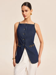 Button Detail Denim Shorts Set With Buckle Accents