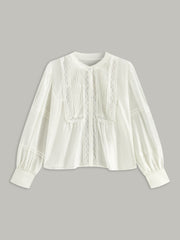 Pleated Lace Trim Button-Up Blouse
