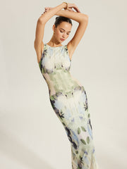 Floral Print Sleeveless Mesh Dress