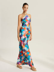 Colorful Scales Pattern Halter Dress
