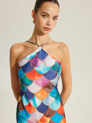 Colorful Scales Pattern Halter Dress