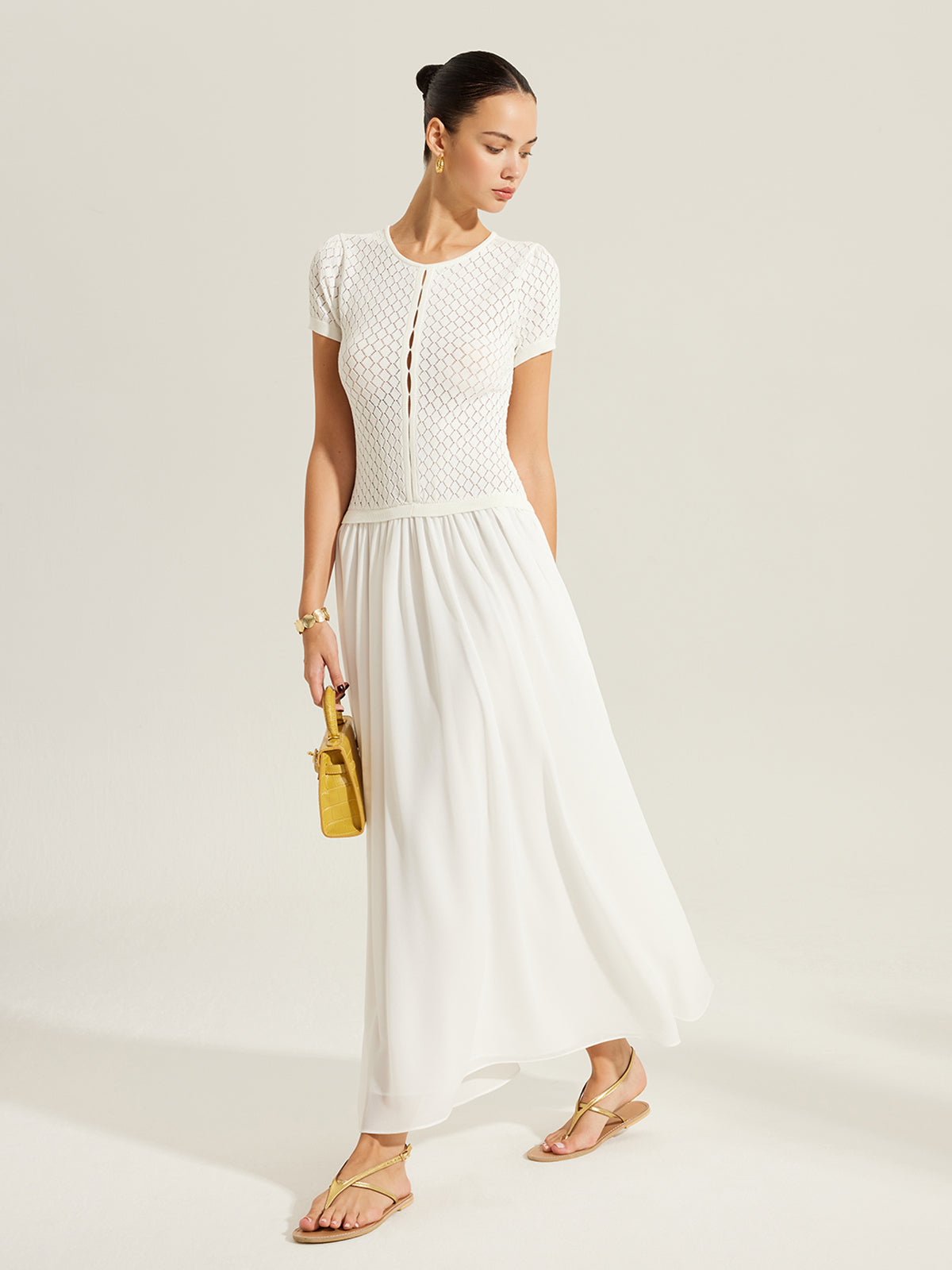 Sheer-Panel Button-Front Knit Dress