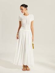 Sheer-Panel Button-Front Knit Dress