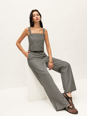 Mid-Waist Striped Pockets Pants Without Belt