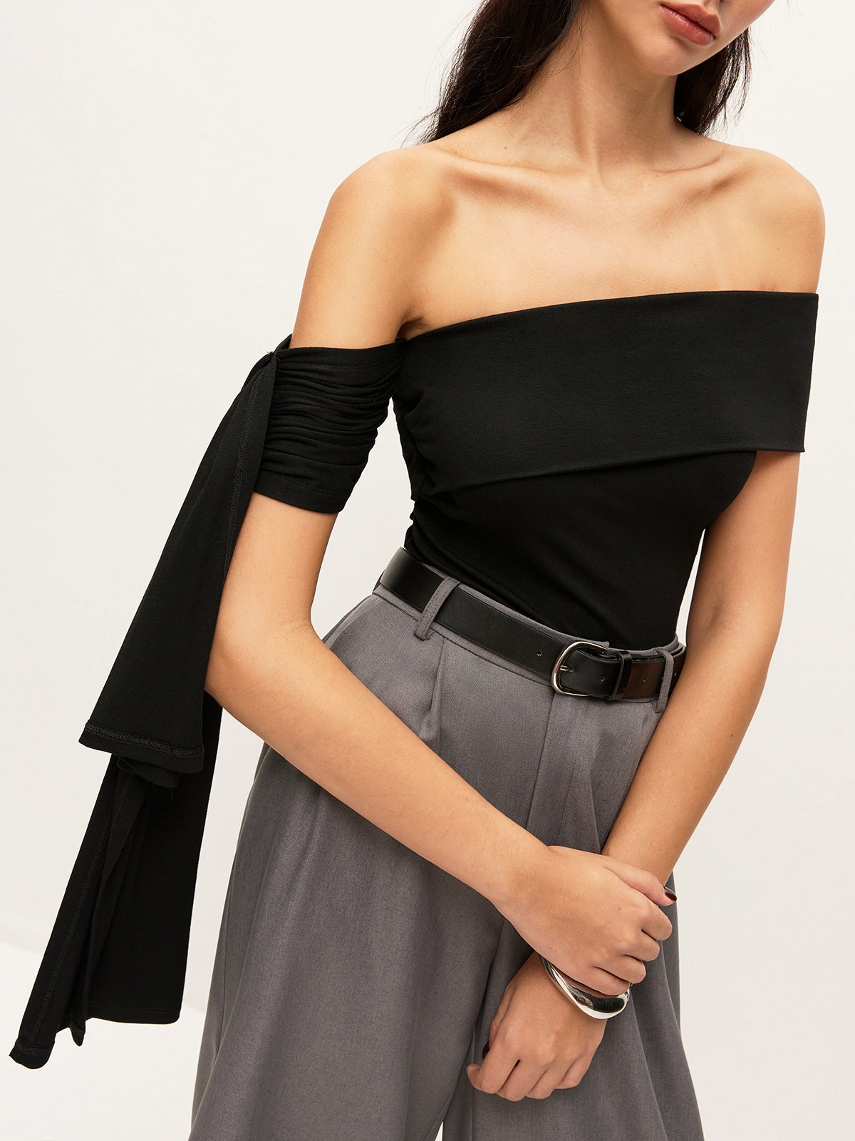 Asymmetrical Off-Shoulder Top With Side Tie