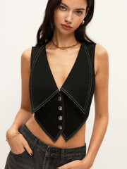 Collared Button-Down Denim Top