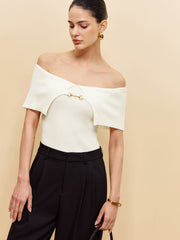 Off-Shoulder Chain Detail Ribbed Knit Top
