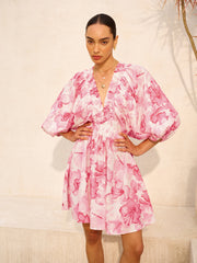 Floral Puff Sleeve Ruched V-Neck Dress