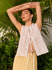 Semi-Sheer Embroidered Lace Tie Blouse