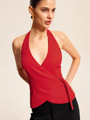 Cotton & Linen Halter Wrap Top With Ring Detail